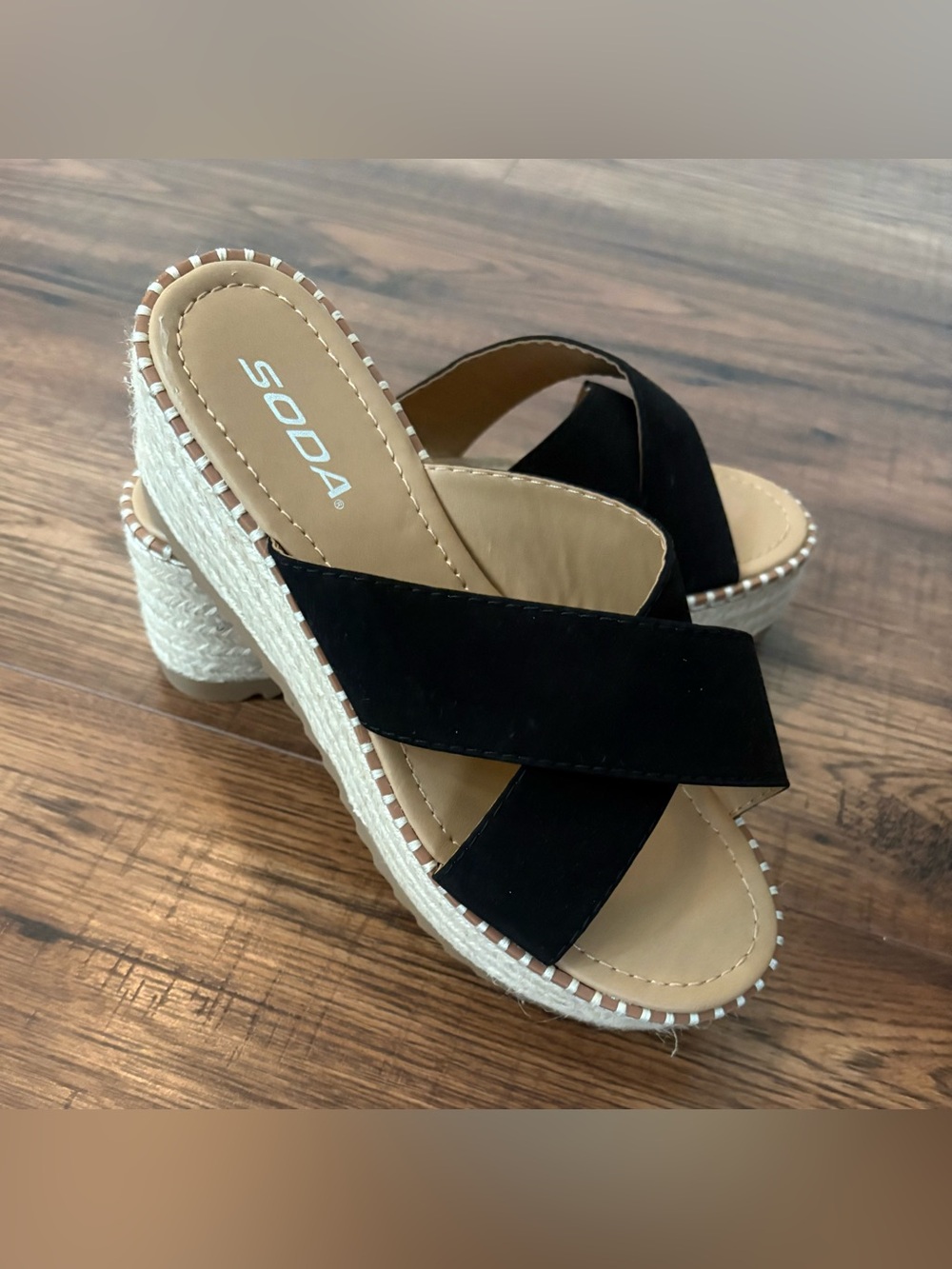 Soda Black Crossband Espadrille Wedge Sandals